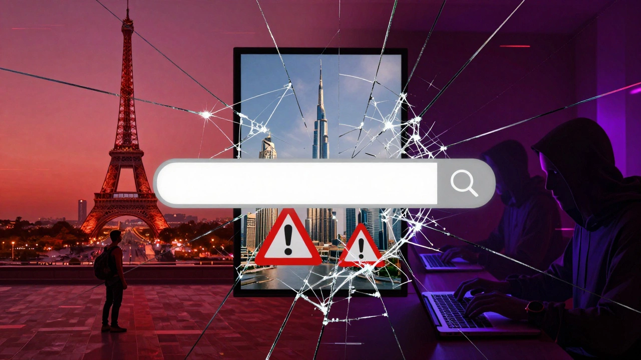 A digital mirror showing distorted images of online scams, Paris, and Dubai with glitch effects.