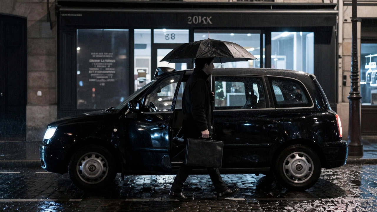 A discreet figure exits a taxi into a rainy Paris night, face turned away, anonymity preserved.