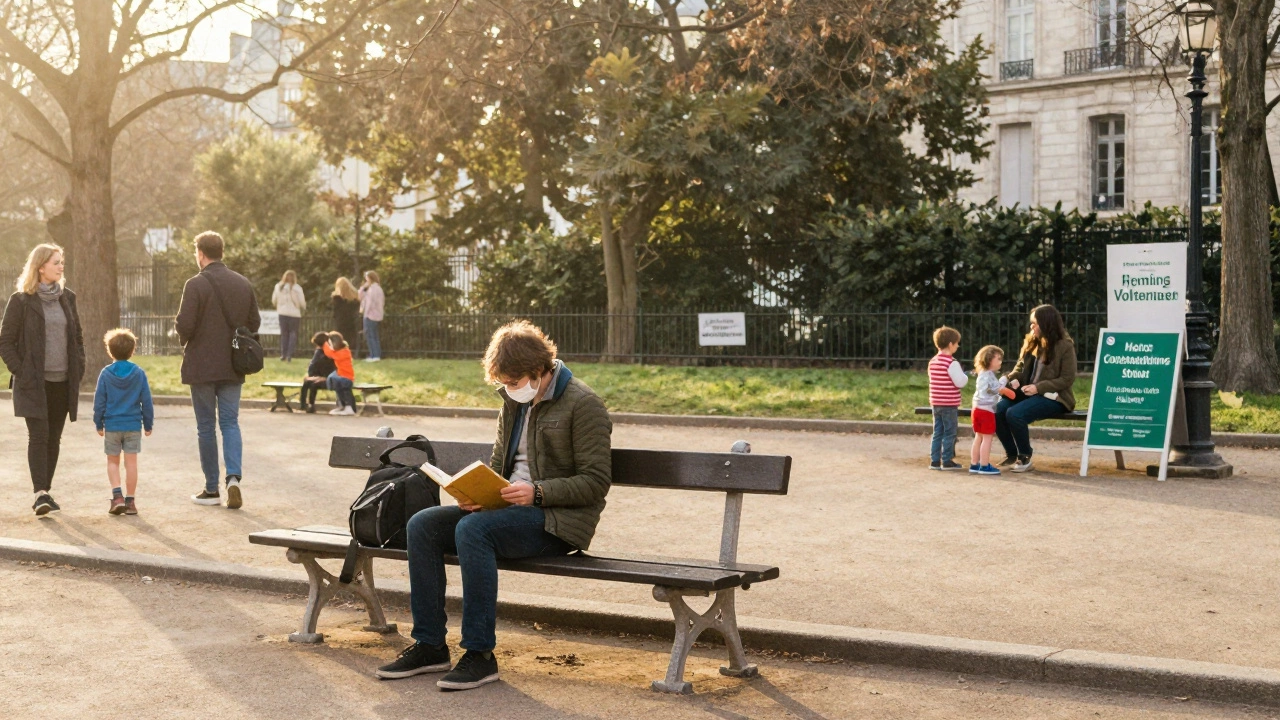 A person sitting peacefully in a Paris park, reading as children play nearby in the morning light.