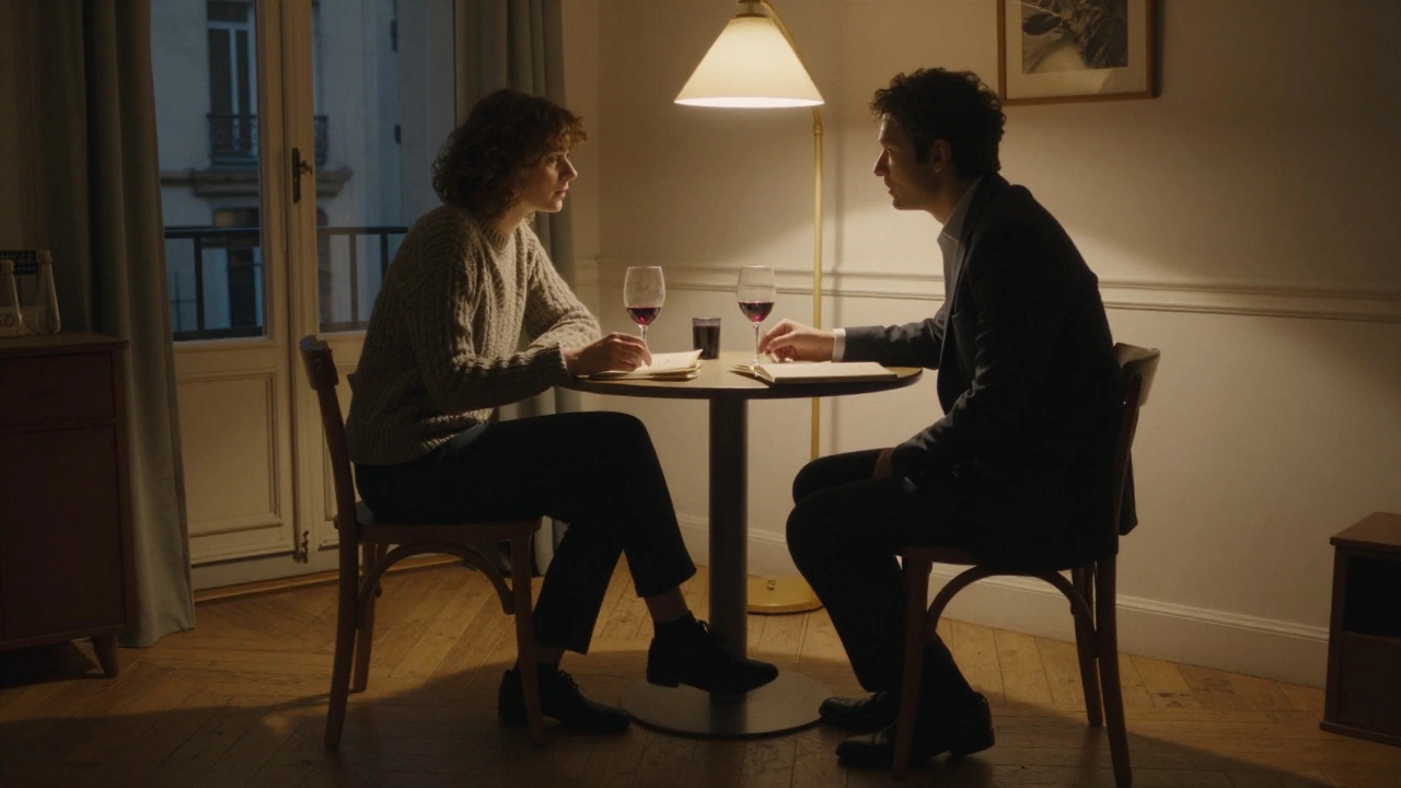 Two people share a quiet evening in a Paris apartment, engaged in thoughtful conversation.
